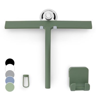 GTEWERK Silicone Shower Squeegee for Glass Doors & Mirrors with Stainless Steel Core, Streak-Free & No-Squeak Window Cleaning, 3-in-1 No-Drill Mount (Hook/Suction/Adhesive),Green, 11 Inches