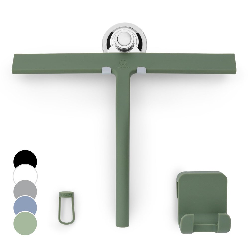 GTEWERK Silicone Shower Squeegee for Glass Doors & Mirrors with Stainless Steel Core, Streak-Free & No-Squeak Window Cleaning, 3-in-1 No-Drill Mount (Hook/Suction/Adhesive),Green, 11 Inches