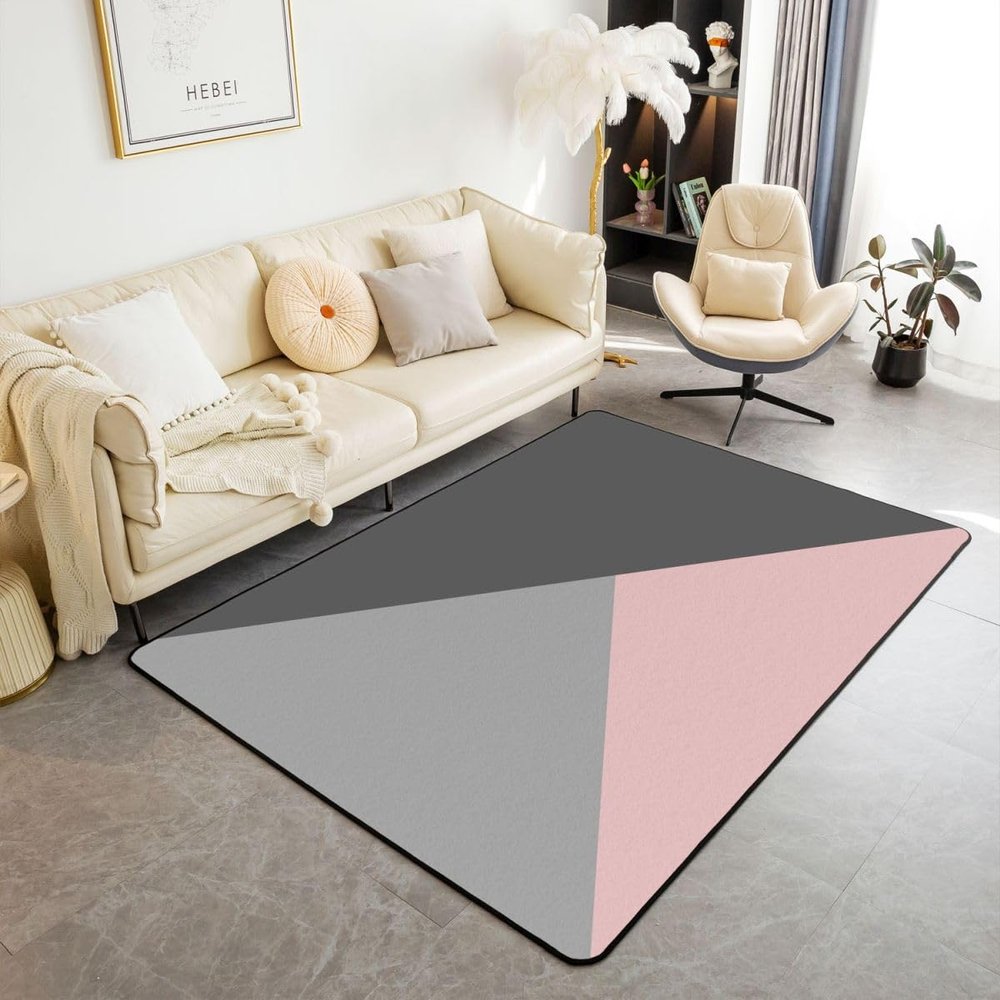 Erosebridal Pink Grey Area Rug for Girls Women Kids, Patchwork Geometric Triangle Rug 5x7, Pink Light Grey Dark Grey Carpet, Machine Wash Dry Decorative Rug for Living Room