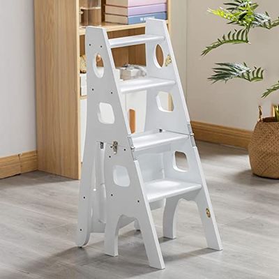 4 Step Ladder Chair Wooden Step StoolFolding Stool Stairs Chair Anti-Slip Lightweight Stepladder Stairway Chair for Kitchen LibraryWhite