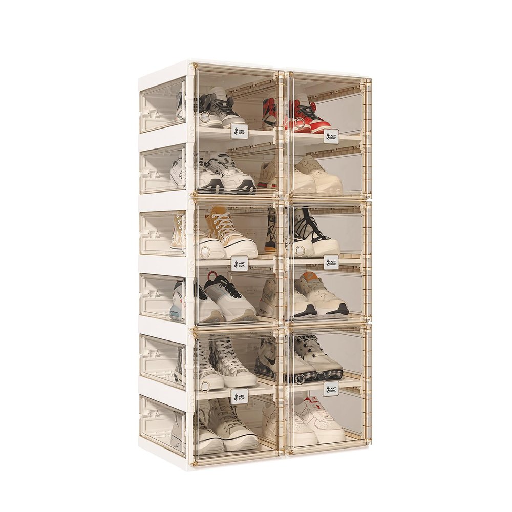 ANTBOX Foldable Shoe Rack,Shoe Organizers for Closet Plastic Shoe Storage Box For Entryway,Living Room,Large Sturdy Stackable Sneaker Cabinet Bins With Magnetic Clear Door 6 Tiers 12 Pairs
