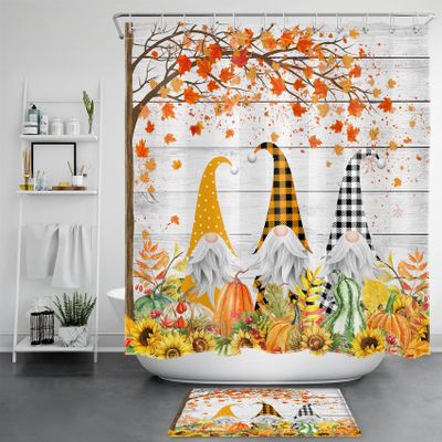 HVEST Fall Shower Curtain and Bathroom Rugs, Orange Maple Leaves Pumpkin Sunflower and Gnome on Rustic Wood Boards Shower Curtain with Bath Mat, 72X72 inches Autumn Farmhouse Shower Curtains Set