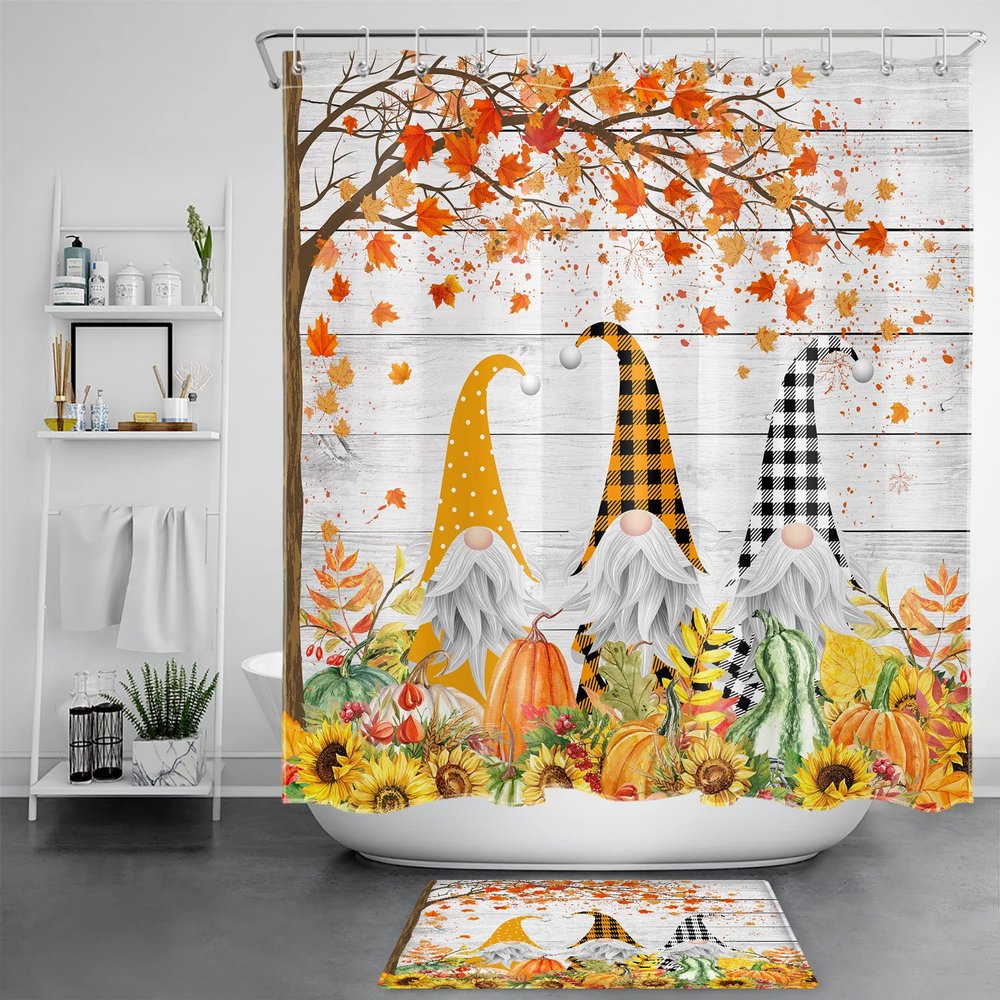 HVEST Fall Shower Curtain and Bathroom Rugs, Orange Maple Leaves Pumpkin Sunflower and Gnome on Rustic Wood Boards Shower Curtain with Bath Mat, 72X72 inches Autumn Farmhouse Shower Curtains Set