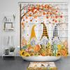 HVEST Fall Shower Curtain and Bathroom Rugs, Orange Maple Leaves Pumpkin Sunflower and Gnome on Rustic Wood Boards Shower Curtain with Bath Mat, 72X72 inches Autumn Farmhouse Shower Curtains Set view 1