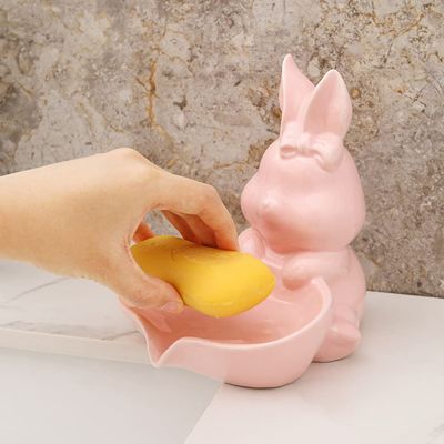 CECE&KELE Cute Animal Ceramic Soap Dish, Cartoon Pig Pig Rabbit Self-Draining Soap Dish for Bathroom Vanity Ceramic Soap Dish Decoration Gift for Women Children,Pink Rabbit