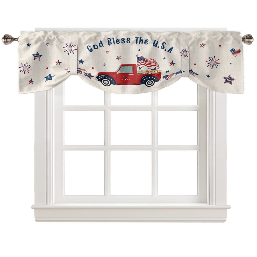 AMZRicher 4th of July USA Flag Truck Tie Up Valance for Window, Fireworks Independence Day Adjustable Balloon Window Shade Valance Curtain for Kitchen Cafe Bathroom Window Treatment 1 Panel 42x12
