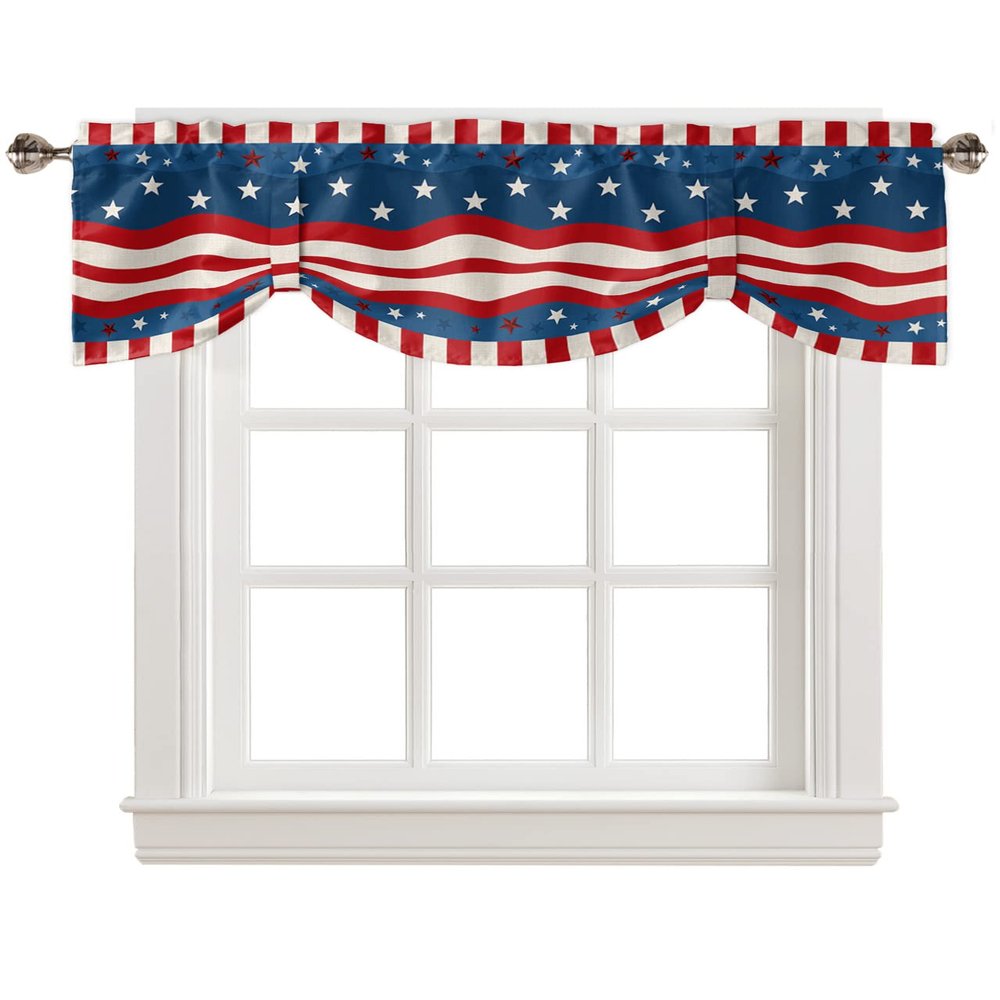 4th of July Stripes Star Tie Up Valance for Window, Linen Texture Patriot Independence Day Adjustable Balloon Window Shade Valance Curtain for Kitchen Cafe Bathroom Window Treatment 1 Panel 54x18