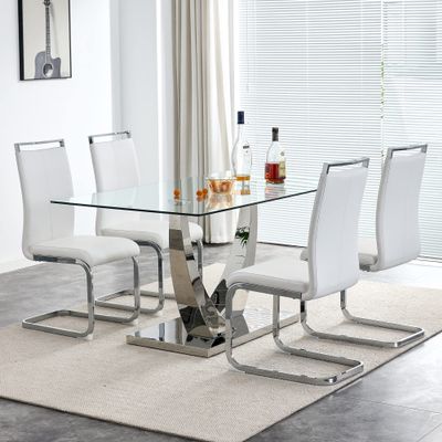 Goujxcy Modern Glass Dining Table Set for 4 with Rectangular Glass Top & 4 White PU Faux Leather Dining Chairs Glass Kitchen Table Set Dining Room Table Set for Home Kitchen Dining Room