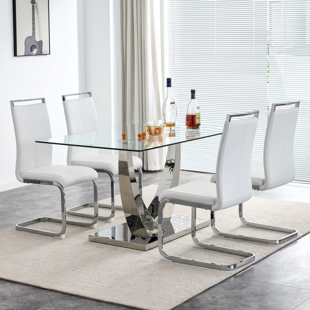 Goujxcy Modern Glass Dining Table Set for 4 with Rectangular Glass Top & 4 White PU Faux Leather Dining Chairs Glass Kitchen Table Set Dining Room Table Set for Home Kitchen Dining Room