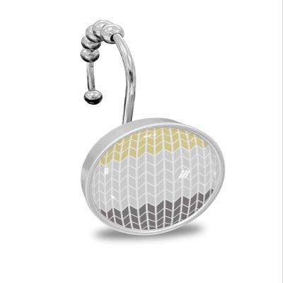 Shower Curtain Hooks, Geometric Yellow Gray Black Chevron Decorative Shower Curtain Hooks for Bathroom Stainless Steel Rustproof Shower Curtain Rings