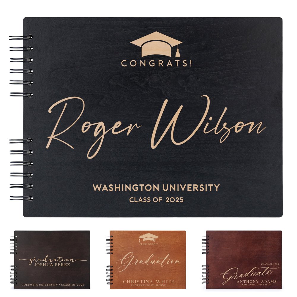 Graduation Guest Book 2025, Personalized with 5 Designs & 5 Rustic Colors - 2 Optional Sizes - Customized Guestbook Registry Sign-in with Name - Date, Hard Cover Laser Engraved Guest Book, D5