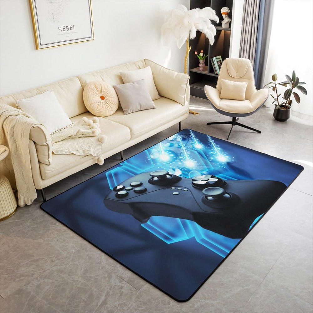 Erosebridal Teens Game Area Rug 5x6'6'', Kids Video Games Carpet for Boys Girls Youth Joystick Player Novelty Gamer Decorative Rug Gamepad Area Runner Rug Mat for Bedroom Living Room Bedside, Blue