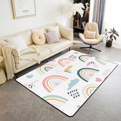 Rainbow Area Rug 3x5 Cartoon Rainbow Carpet for Kids Girls Boys Nursery Toddler Hand Drawn Iridescent Print Decorative Rug Colorful Clouds Love Heart Area Runner Rug Bedroom Living Room Bedside