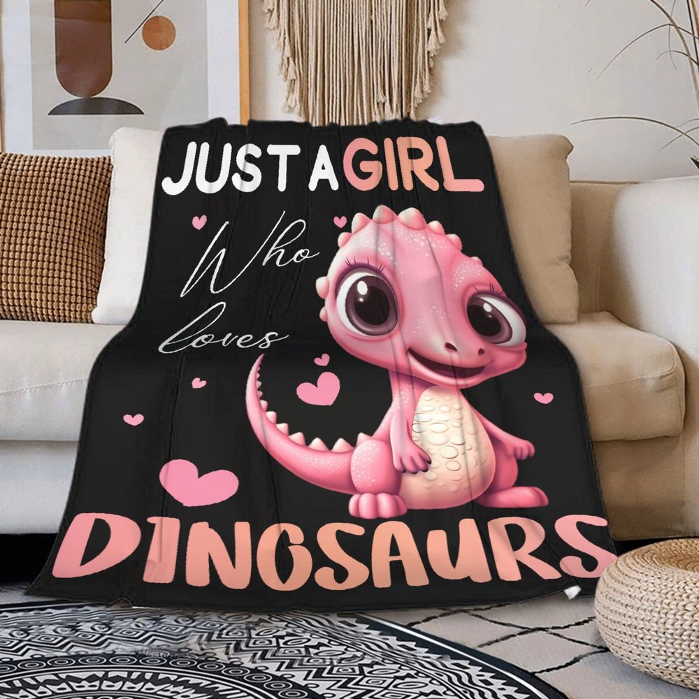 Dinosaur Blanket for Girls-Just a Girl Who Loves Dinosaurs-Dinosaur Gift for Girls Women-Cute Pink Dinosaur Pattern-Soft Lightweight and Warm Flannel Throw for Sofa Bed Camping 90"x120"