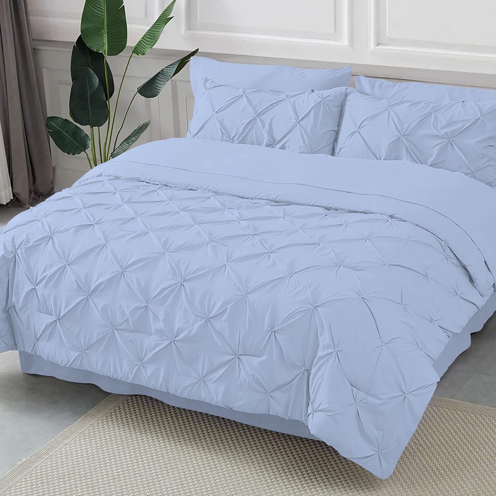 Favor Homes King Size Comforter Set 8 Piece Bed in a Bag with Bed Skirt, Fitted Sheet King 18 Inch Deep Pocket, Flat Sheet, 2 Pillowcases, 2 Pintuk Pillow Shams Sky Blue