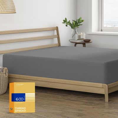 THREAD SPREAD 100% Egyptian Cotton California King Fitted Sheet Only - 600 Thread Count Cal King Sheets Deep Pocket Fitted, Soft Cooling Sateen Elastic Bottom Sheet, Fits Mattress upto 18" - Dark Grey