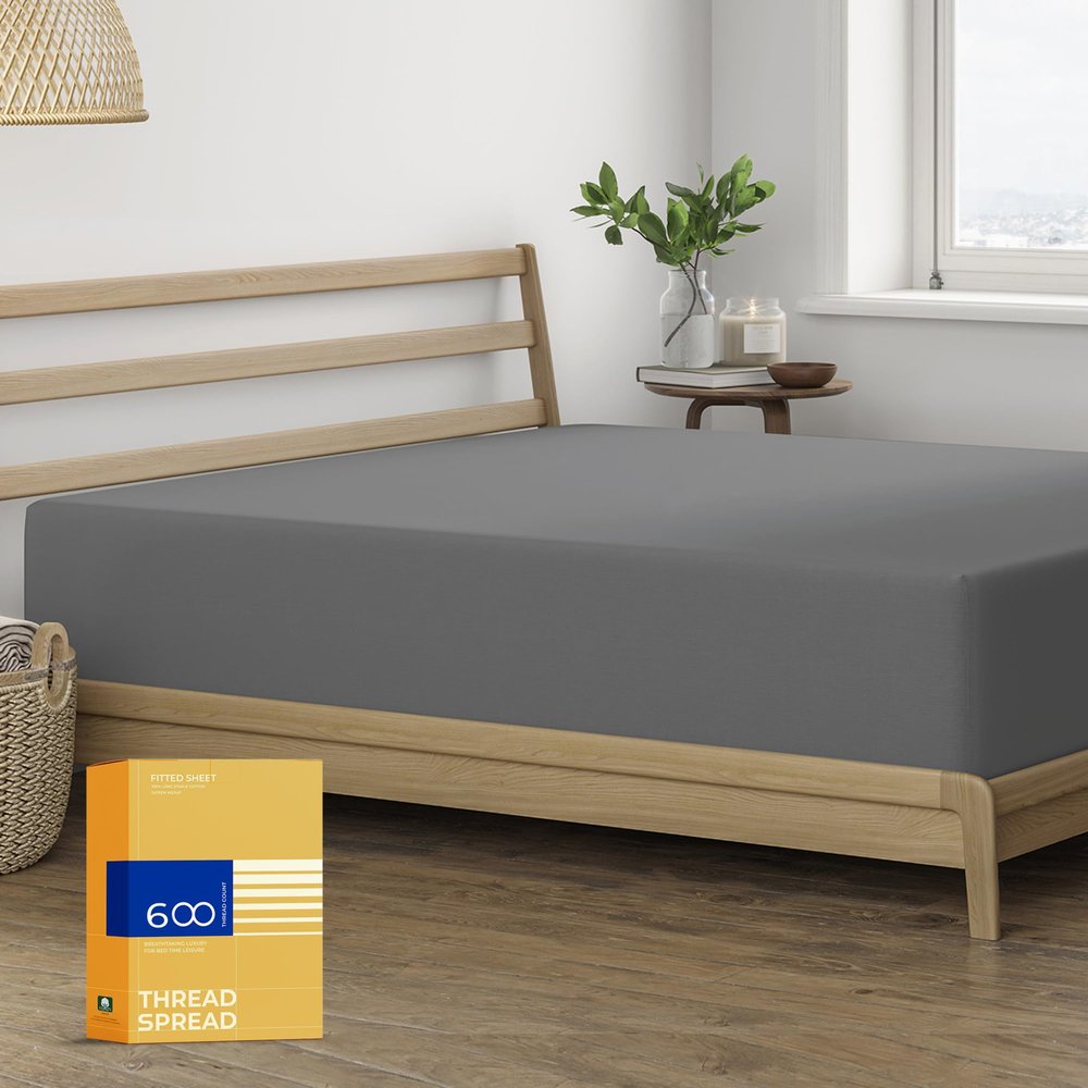 THREAD SPREAD 100% Egyptian Cotton California King Fitted Sheet Only - 600 Thread Count Cal King Sheets Deep Pocket Fitted, Soft Cooling Sateen Elastic Bottom Sheet, Fits Mattress upto 18" - Dark Grey