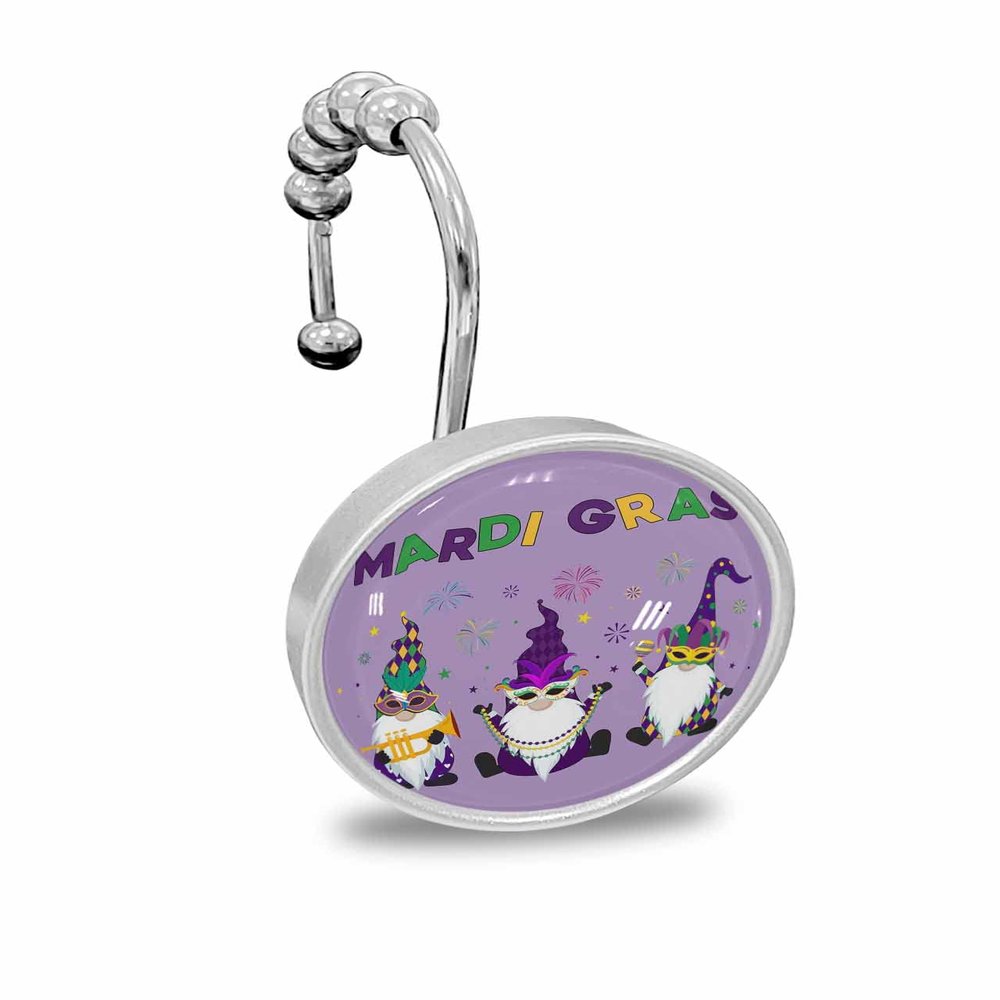 Shower Curtain Hooks,Stainless Steel Shower Curtain Rings with Happy Carnival Gnomes Purple Pattern Crystal Glass Design Rust-Resistant Decorative Shower Curtain Hooks for Bathroom 12PCS