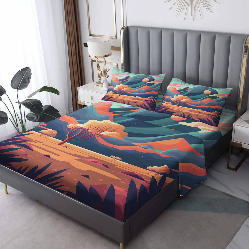 Nature Sheets California King, Abstract Boho Bed Sheets, Patterned Bedding Sheets & Pillowcases 4 Piece Set - Soft Microfiber Deep Pocket Fitted Sheet & Flat Sheet & 2 Pillow Cases