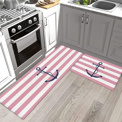 Nautical Kitchen Rugs and Mats Set of 2, Navy Blue Anchor Non-Slip Floor Doormat Comfort Area Runner Rug and Mat, Sweet Pink White Striped Indoor Entrance Carpet Home Decor