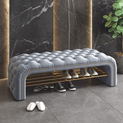 AUQMTAIN Modern Luxurious Tufted Button Bench,Velvet Upholstered Ottoman with Shoe Rack for Living Room Entryway,Comfy End of Bed Bench (Light Blue, 47.2x16x18)