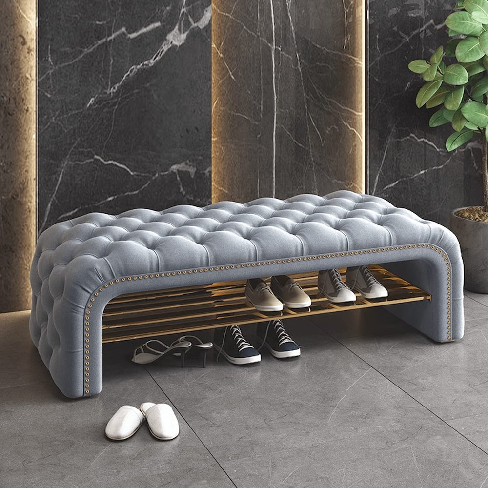 AUQMTAIN Modern Luxurious Tufted Button Bench,Velvet Upholstered Ottoman with Shoe Rack for Living Room Entryway,Comfy End of Bed Bench (Light Blue, 47.2x16x18)