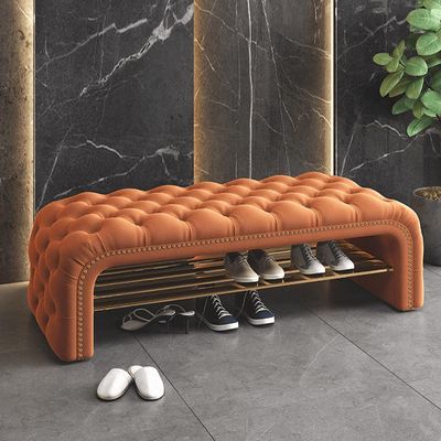 AUQMTAIN Modern Luxurious Tufted Button Bench,Velvet Upholstered Ottoman with Shoe Rack for Living Room Entryway,Comfy End of Bed Bench (Orange, 31.5x16x18)