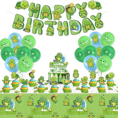 Turtle Party Decorations - Including Turtle Balloons, Happy Birthday Banner, Cake Topper, and Green Tablecloth for Under the Sea Party Decorations Turtle Birthday Party Supplies