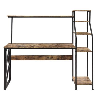 Desk with Shelves Laptop Study Writing Table Home Office Computer Desk with Hutch and Shelf/Writing Study Table with 5 Tier Bookshelves/Multipurpose PC Workstation(Brown) Study Desk with Storage