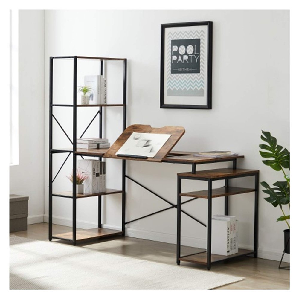 Desk with Shelves 47 Inch Small Desk Home office Computer Desk with 5-Tier Bookshelf and 2 open Storage Shelf Multi-Function Drafting Drawing Table with Tiltable Desktop for Artist or StudentBrown S