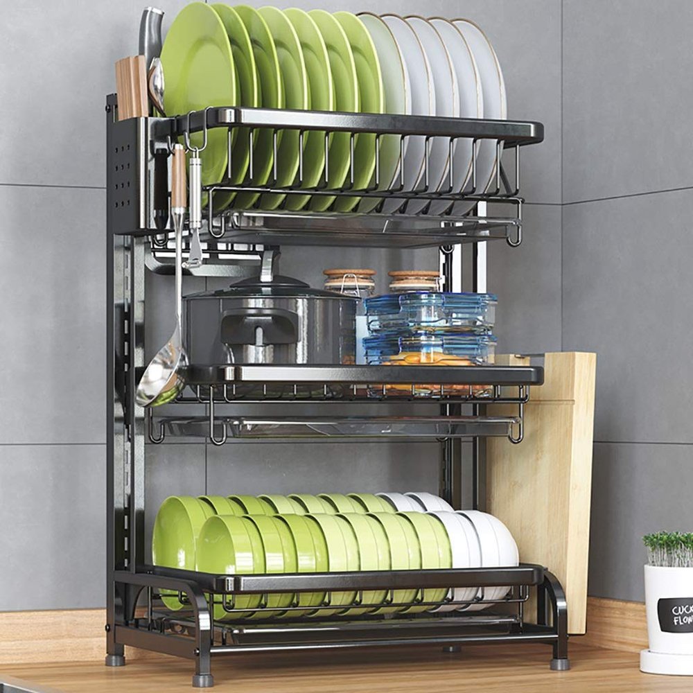 Dish Drying Rack Sink Dish Racks,Dish Rack,201 Stainless Steel Kitchen Countertop Dish Drying Rack Drain Rack Tableware Drainer Organizer - 2 Tier / 3 Tier/Black/3 Tier