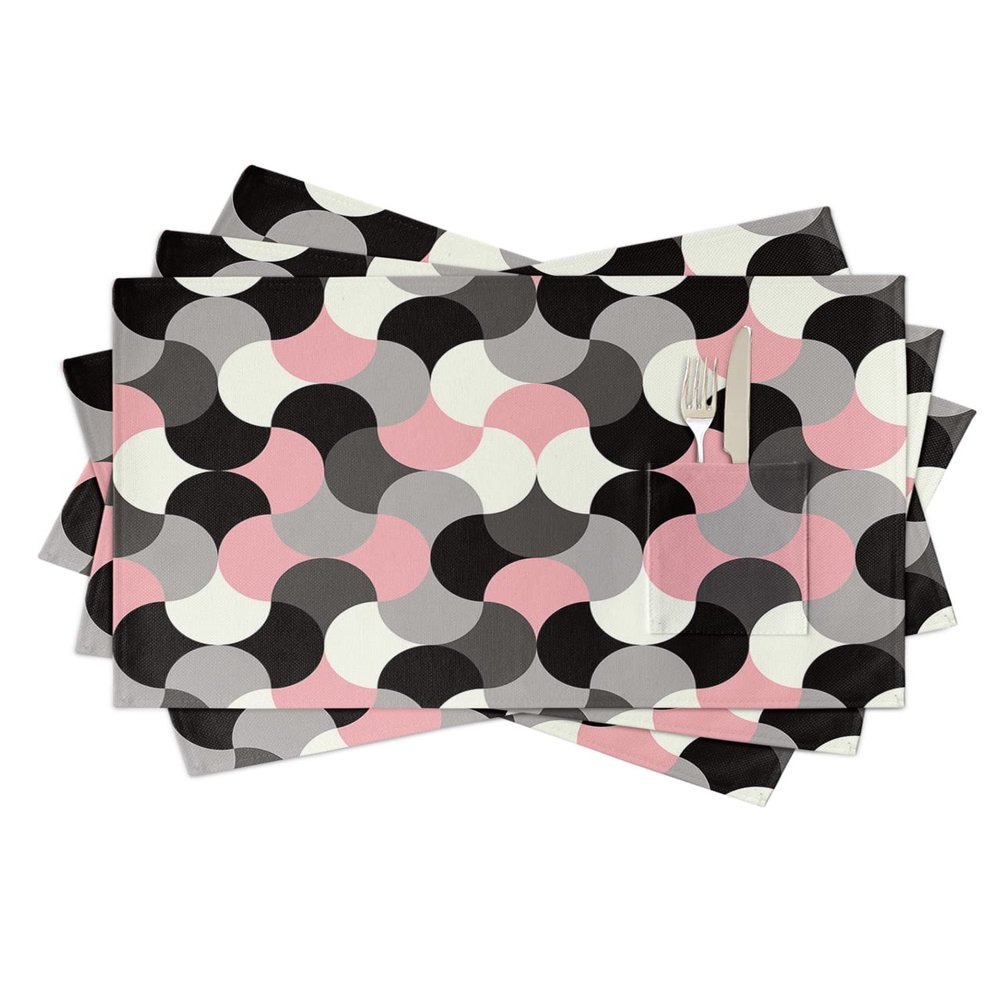 Abstract Table Placemats for Dining Table Set of 4,Cotton Linen Cloth Kitchen Place Mats with Pocket,Burlap Square/Rectangle/Round/Oblong Table Food Mat,Modernn Abstract Middle Century Pink Grey Black