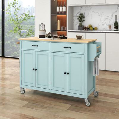 Quarte Multifunctional Mobile Kitchen Island with Solid Wood Top and 4 Door Storage Cabinet and 2 Drawers,Lockable Rollers,for Kitchen and Dining Room (Mint Green#G)