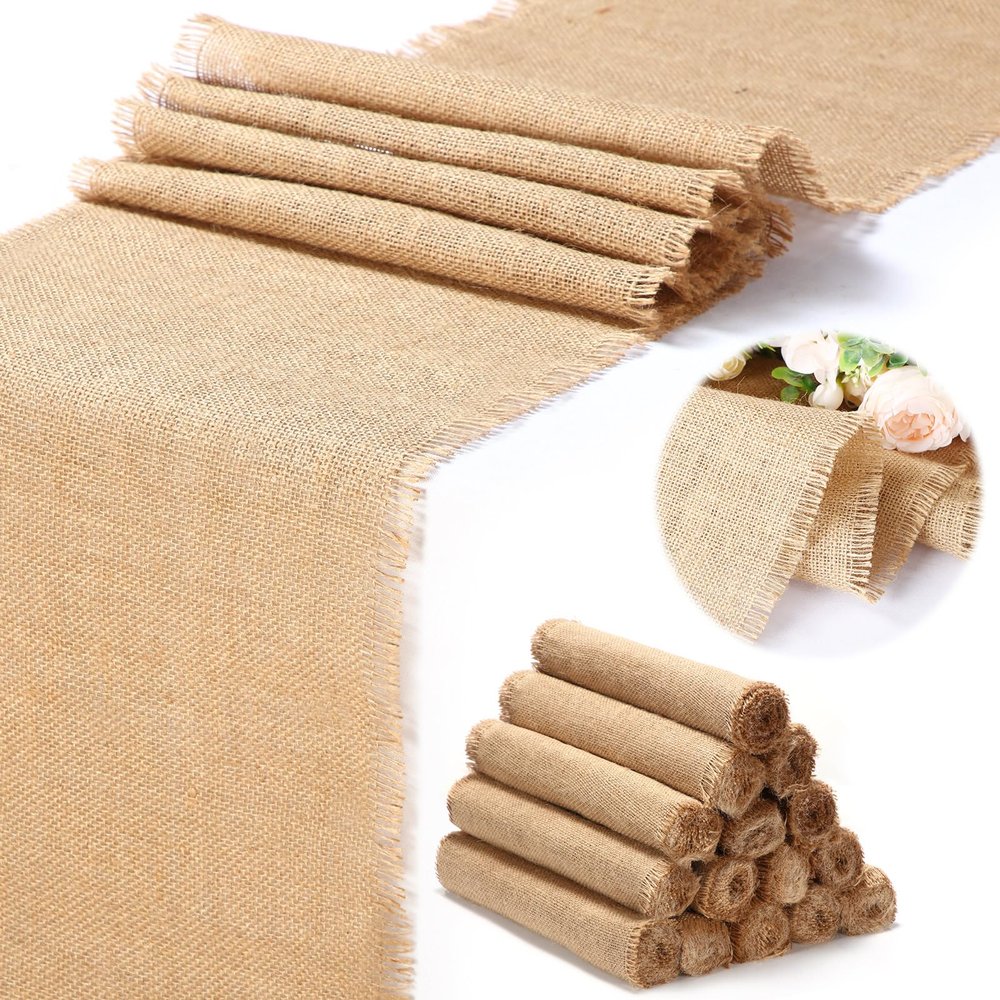 15 Pack Burlap Table Runners Bulk 12 x 71 Inch Rustic Jute Tablerunner Khaki Farmhouse Country Burlap Runners for Wedding Banquet Birthday Holiday Party Kitchen Dining Table Decorations(Tassel)