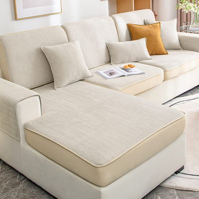 vctops Solid Color Chenille Sofa Cover with Elastic Band Solid Color Universal Anti-Slip Sectional Couch Cover L Shape Sofa Slipcover Furniture Protector (Beige,24"x24")
