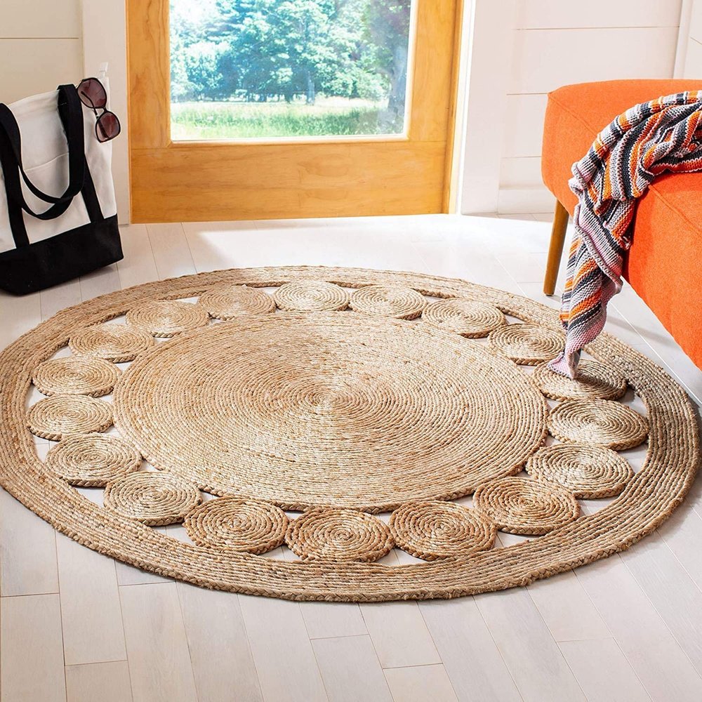 Agro Richer Jute Area Rug Round 3x3 ft Rustic Vintage Handwoven Braided Natural Fibre Boho Soft Chunky Runner for Living Room Bedroom Entryway Hallways Indoor Framhouse Kitchen Beige