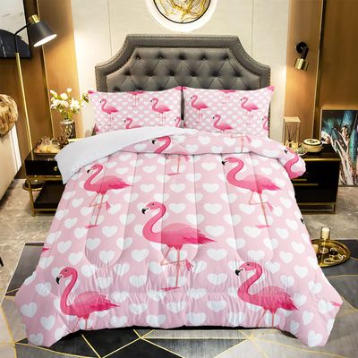 XYNHML Flamingo Comforter Set Full Size Tropical Pink Flamingo Love Heart Pattern Bedding Set Kawaii Quilted Duvet for Kids Girls Boys Adult with 1 Comforter and 2 Pillowcases