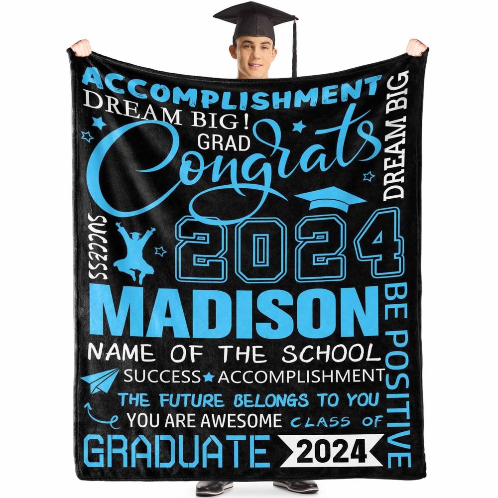 MyPupSocks Personalized Class of 2024 Graduation Gift Blanket with Grads Name and School Name, Perfect for Memories of The Big Day, Customized Name Throw Blanket 50"x60"