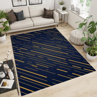 IMEIQI Dark Blue Gold Stripe Area Rug, Vintage Luxury Indoor Rug, Living Room Rug Simple Decor Machine Washable Warm for Bedroom Corridor Kids Room Study Room Office Dormitory - 60" W x 72" L
