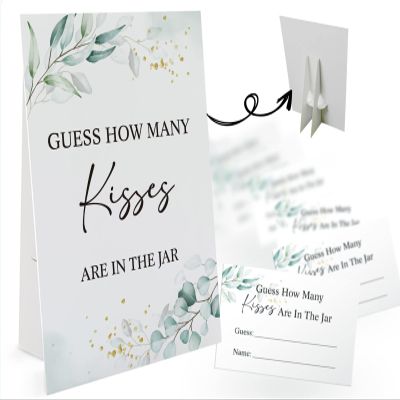 How Many Kisses Are in the Jar Game-1 Standing Sign and 50 Guessing Cards, Greenery Bridal Shower Games, Baby Shower Sign, Baby Shower Favors and Weddings Party Decoration-03