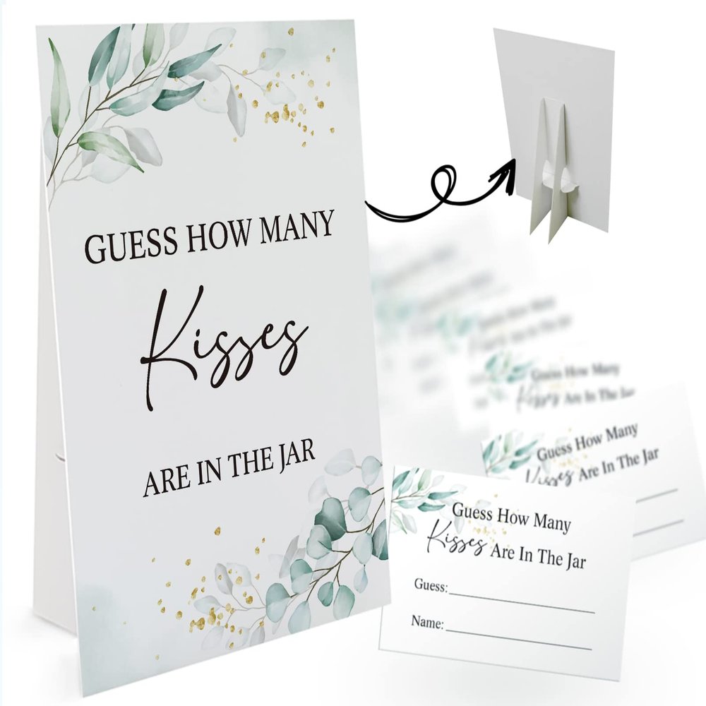 How Many Kisses Are in the Jar Game-1 Standing Sign and 50 Guessing Cards, Greenery Bridal Shower Games, Baby Shower Sign, Baby Shower Favors and Weddings Party Decoration-03