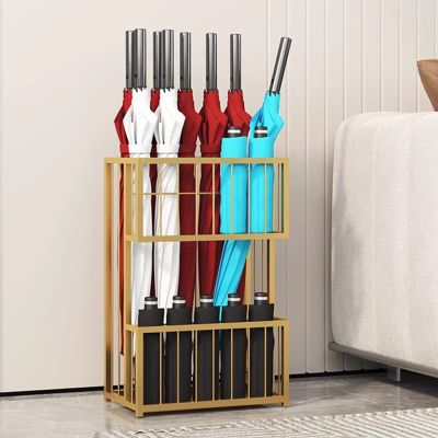 ZAQYCM Large Umbrella Stand for Inside Home, Metal Iron Cane Stand Rack Walking Stick Holder for Entryway Floor, 3-Shelf Umbrella Holder for Front Porch (Color : Gold)