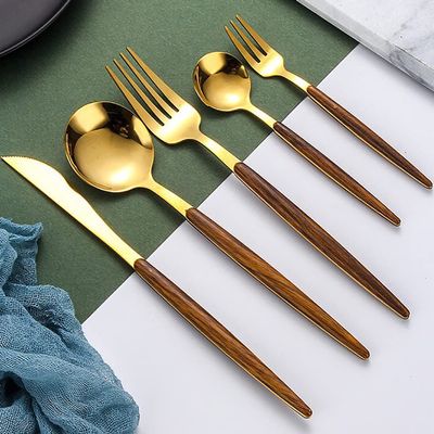 80-Piece Gold Silverware Set Stainless Steel Flatware Set for 16,Tableware Cutlery Set Including Forks Spoons Knives, Utensil Set for Home and Restaurant Mirror Polished (Faux Wooden Handle)