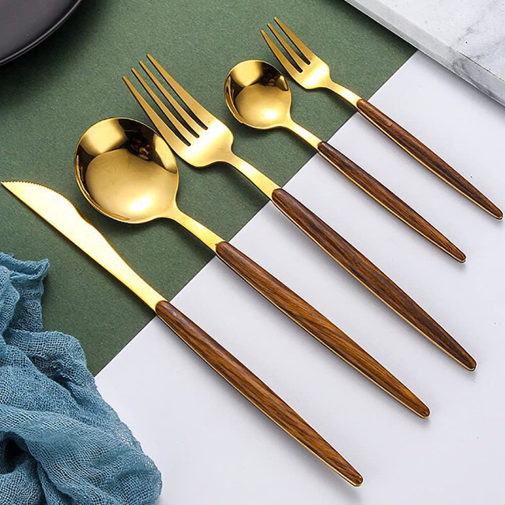 80-Piece Gold Silverware Set Stainless Steel Flatware Set for 16,Tableware Cutlery Set Including Forks Spoons Knives, Utensil Set for Home and Restaurant Mirror Polished (Faux Wooden Handle)