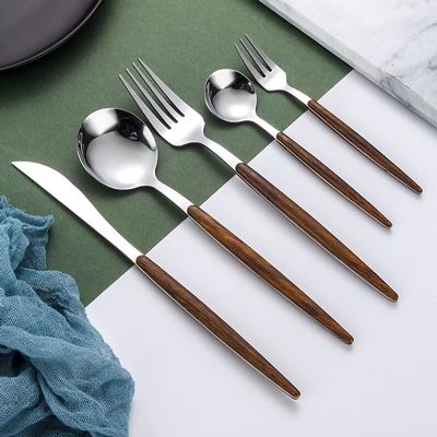 80-Piece Wooden Silverware Set Stainless Steel Flatware Set for 16,Tableware Cutlery Set Including Forks Spoons Knives, Utensil Set for Home and Restaurant Mirror Polished (Faux Wooden Handle)