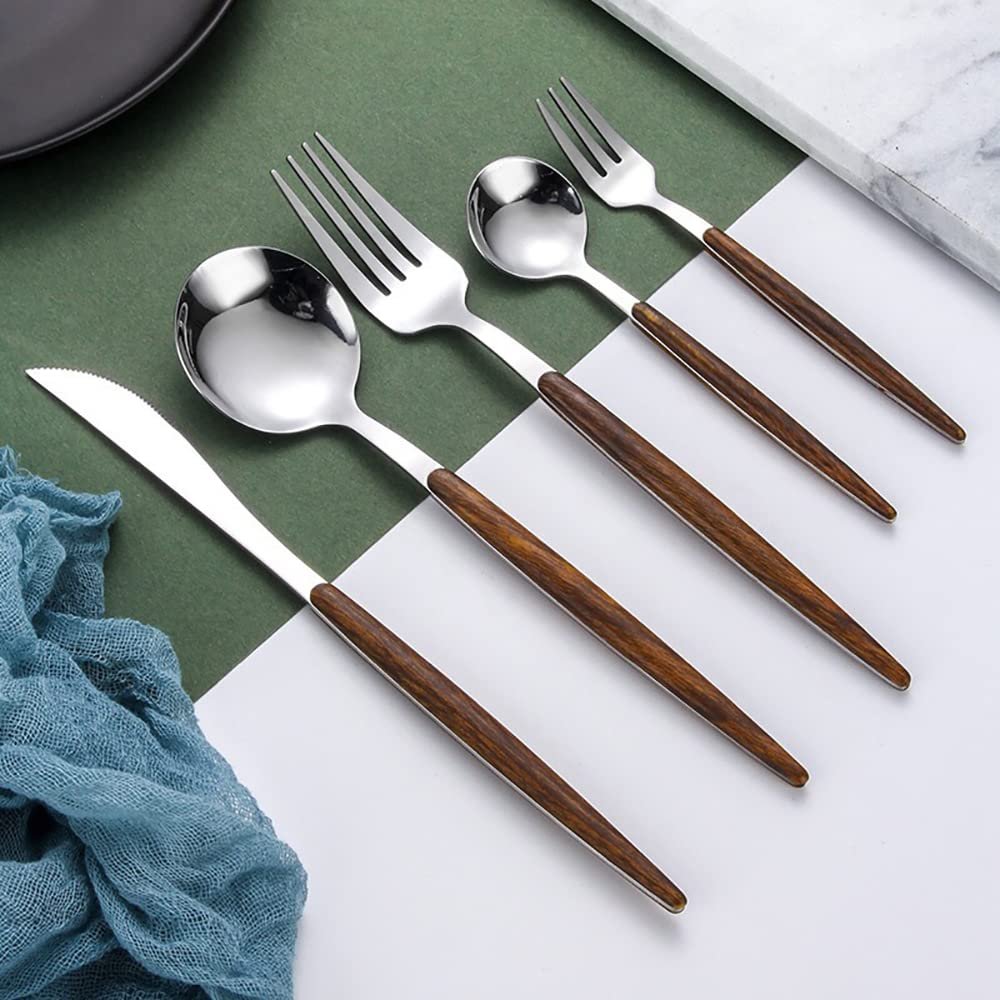 80-Piece Wooden Silverware Set Stainless Steel Flatware Set for 16,Tableware Cutlery Set Including Forks Spoons Knives, Utensil Set for Home and Restaurant Mirror Polished (Faux Wooden Handle)