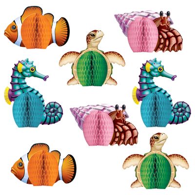 Beistle Sea Creatures Mini Centerpieces  8-Pack Underwater Theme Table Decorations, Seahorse, Turtle, Crab, Fish, Honeycomb Tissue Accents, Ocean Animals & Nautical Party Decor, 5