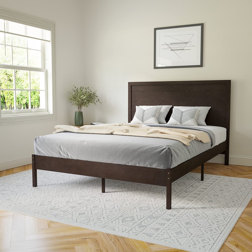 Flash Furniture Asher Solid Wood Platform Bed with Wooden Slats and Headboard, No Box Spring Needed, Queen Size, Dark Brown