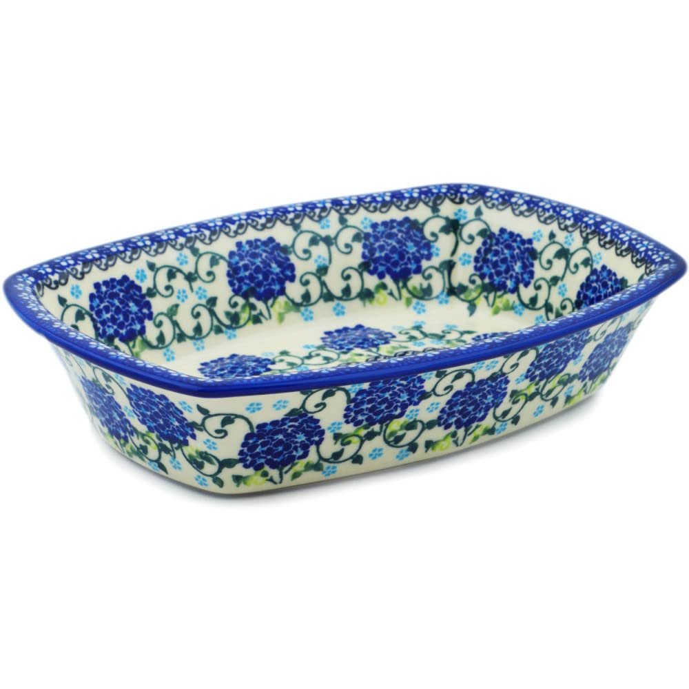Polmedia Polish Pottery Rectangular Baker UNIKAT - Cobalt Hydrangea Pattern Handmade in Boleslawiec Poland by Ceramika Dalia + Certificate of Authenticity