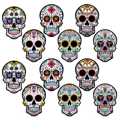 Beistle Day of the Dead Sugar Skull Cutouts 12-Pack Double-Sided Printed Cardstock Decorations with 6 Colorful Designs for Dia de los Muertos Altars, Walls and Halloween Celebrations, 8" x 6"
